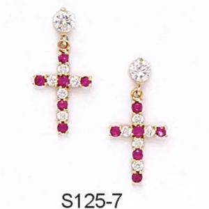 14K Pure Solid Yellow Gold Cross Earrings
